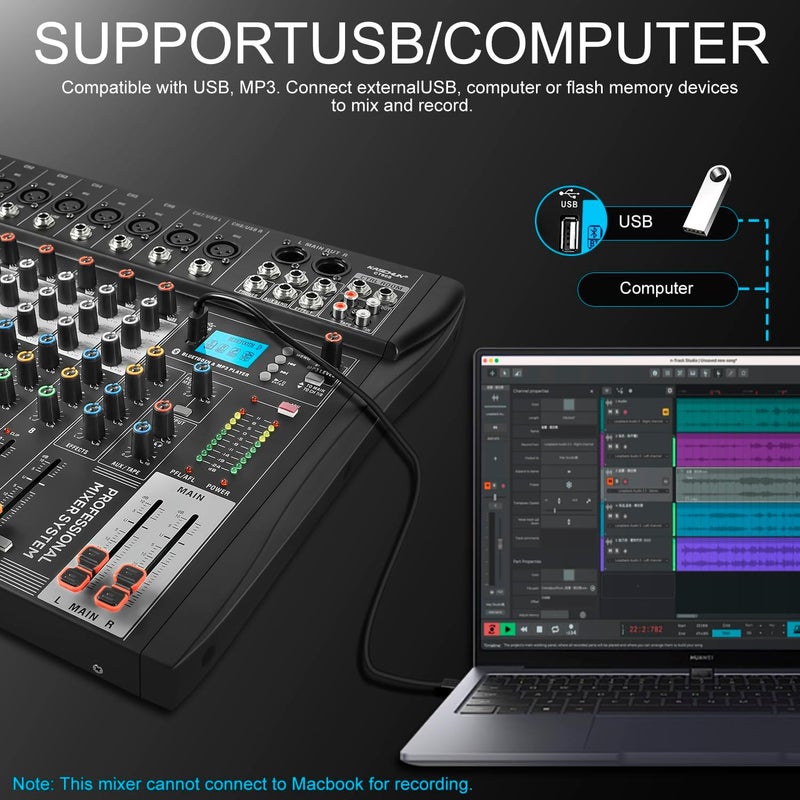 Kaschun Professional Audio Mixer Sound Board - 8 Channel - DJ Mixer,Equipped with 48v Phantom Power - Bluetooth - Mp3 Player, Studio Audio Mixer Suitable for DJ Studio Streaming Recording - Image 4